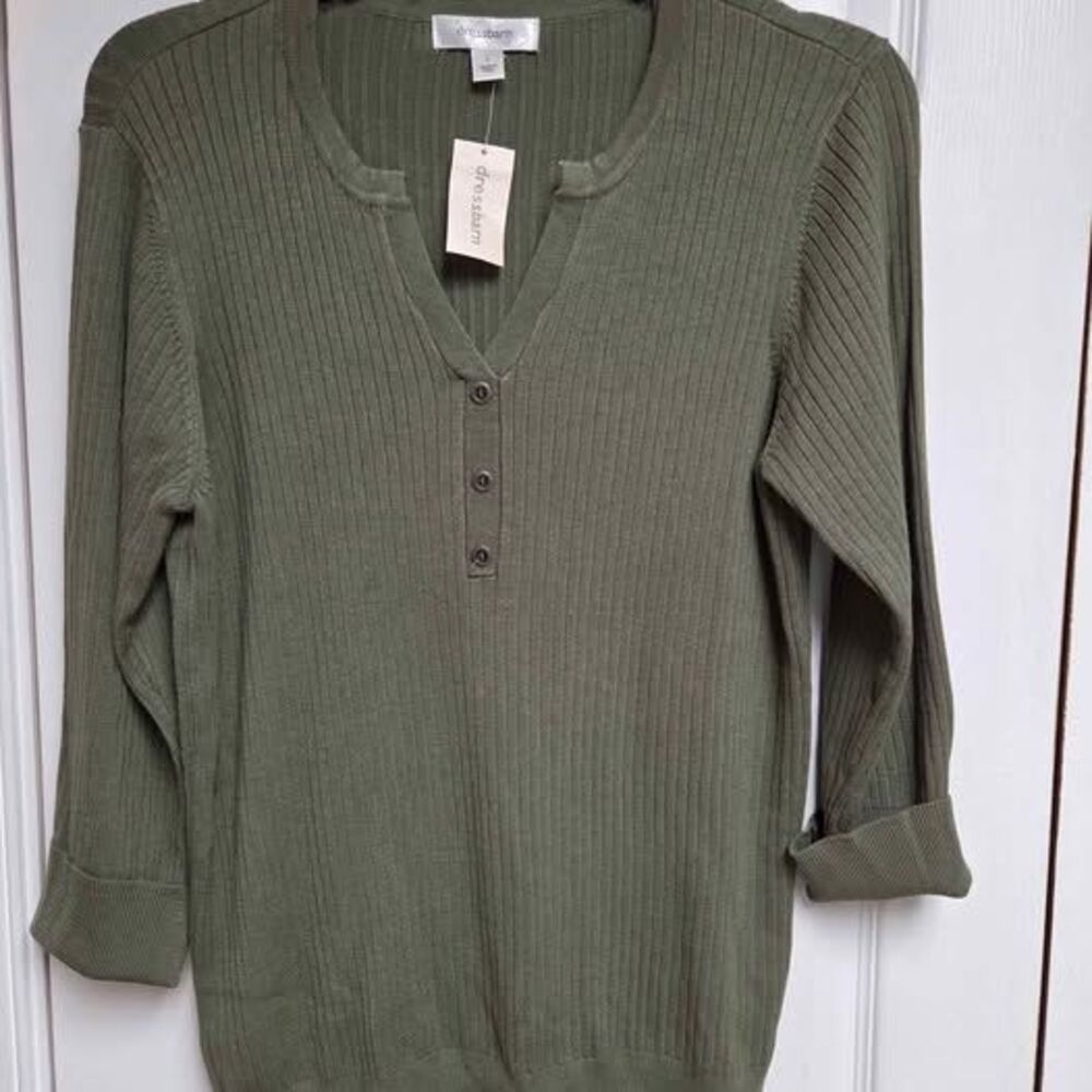Dressbarn women's Large green 3/4 length sleeve buttons Henley NEW with tags